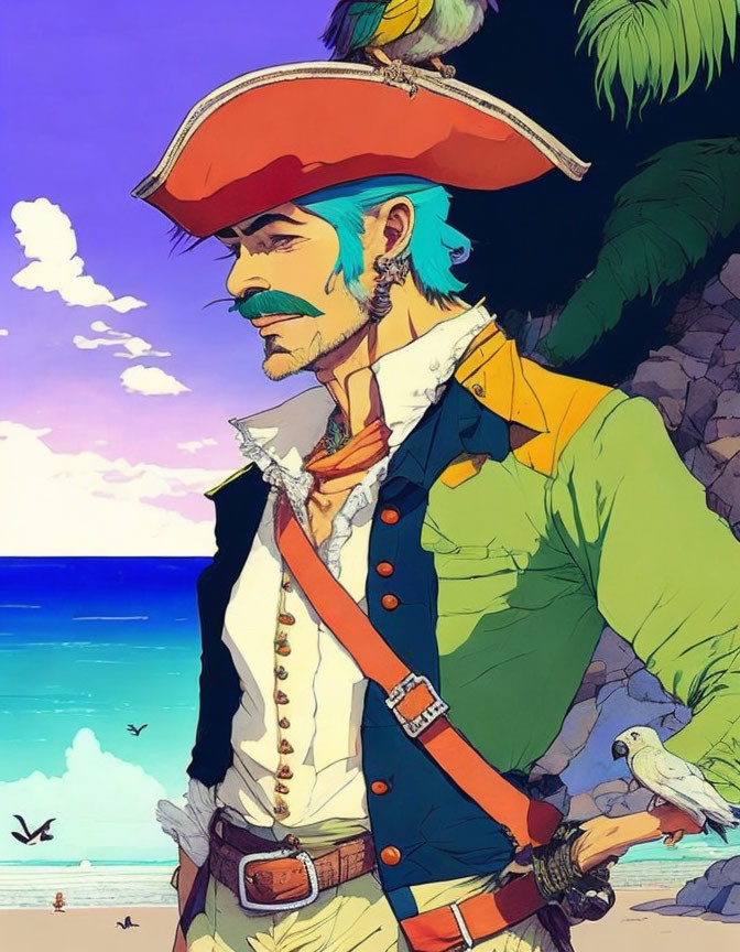 Stylish pirate with parrot on beach with palm trees