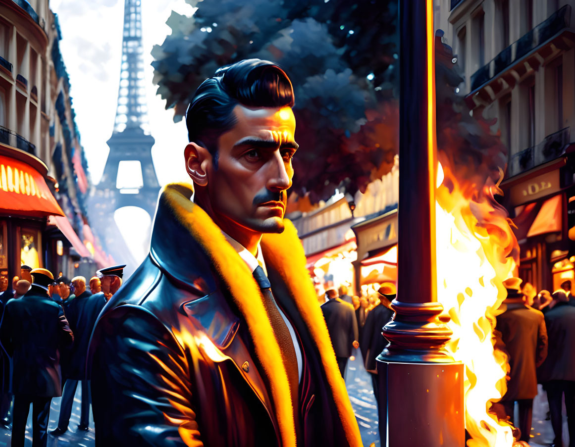 Man in trench coat on Paris street with Eiffel Tower and fire.