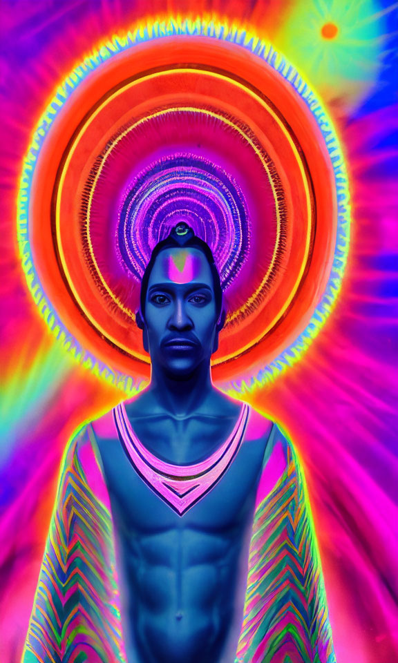 Vibrant Body Paint Art Against Psychedelic Background