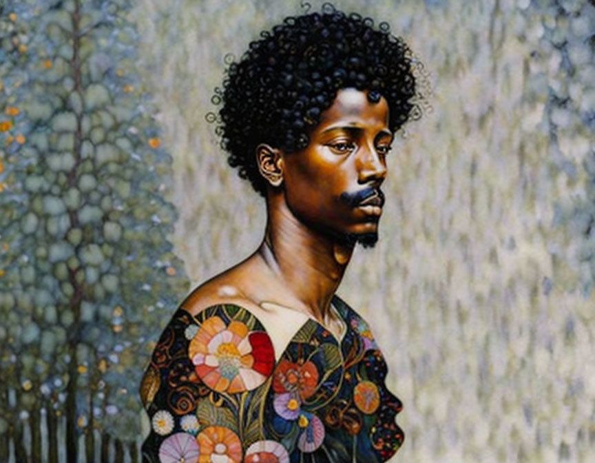 Person with Afro Hair and Floral Skin Pattern in Nature-Inspired Painting