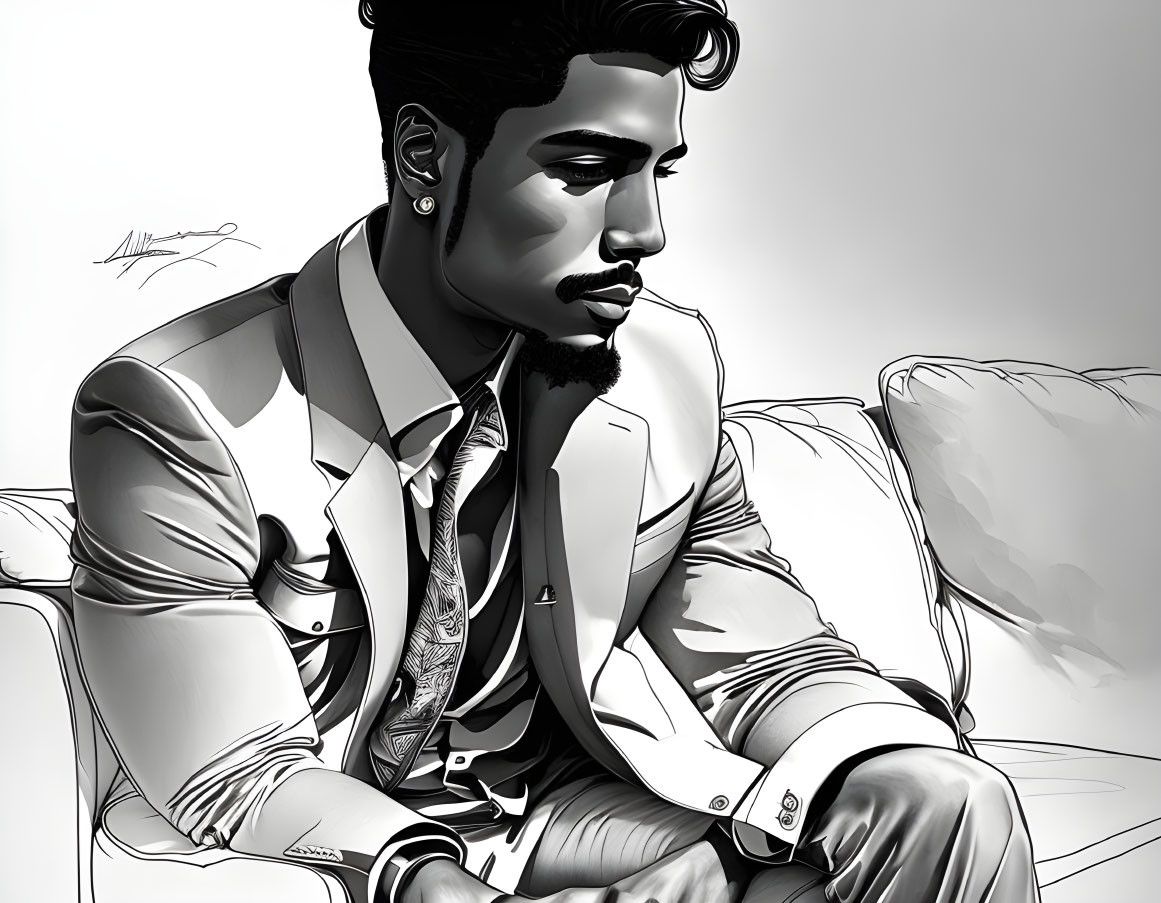 Monochrome illustration of a stylish man with a beard on a couch, wearing a jacket and unbutton