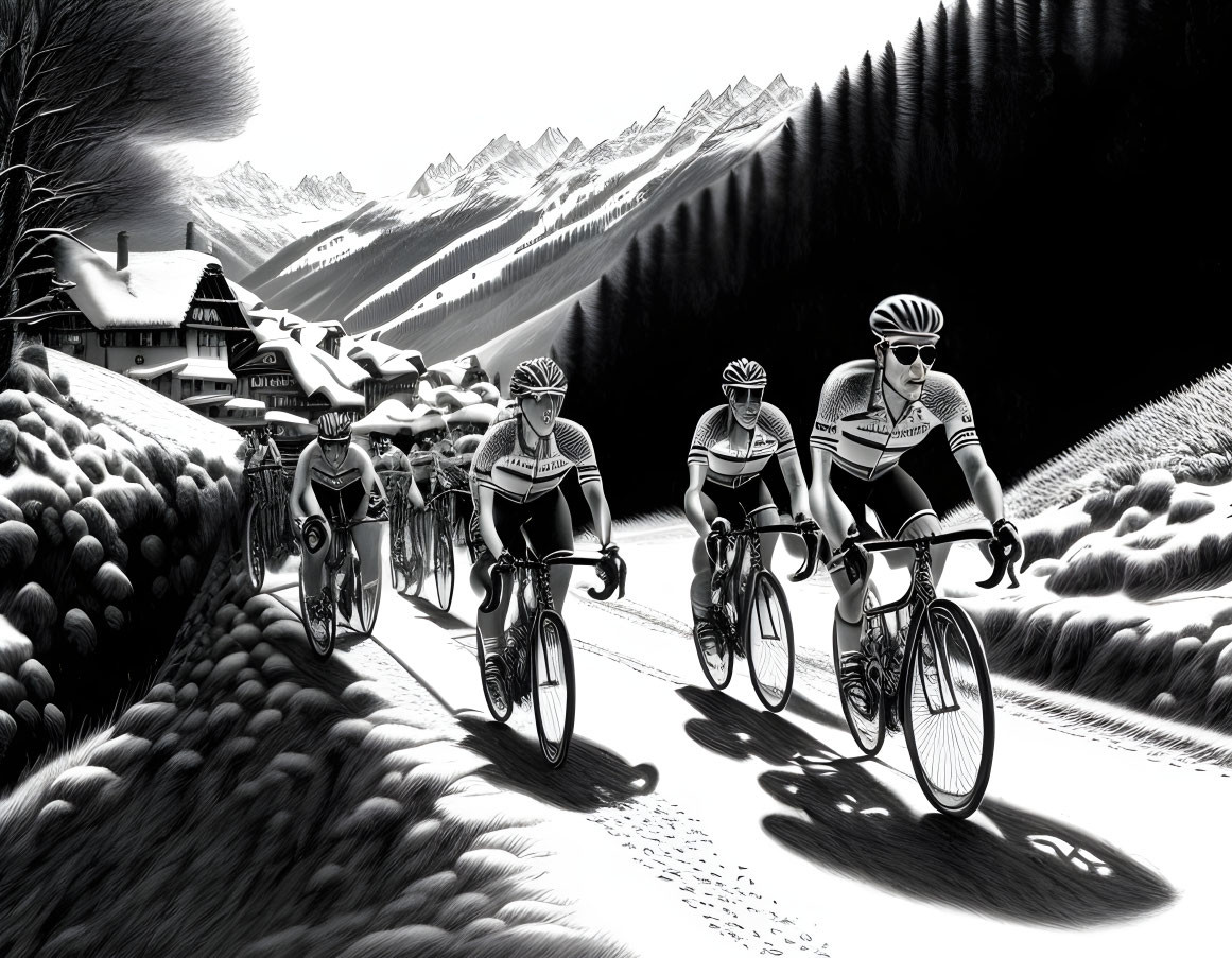 Monochromatic image of cyclists racing in snowy mountain landscape