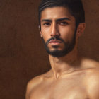 Bearded shirtless man portrait against textured brown background