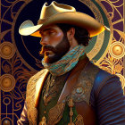 Illustration of bearded person in cowboy hat with ornate clothing on dark background.