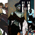 Colorful Triptych of Elegant Women with Modern & Traditional Fusion