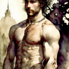 Muscular fantasy character with long hair, beard, ornate markings, in dreamy castle backdrop.