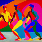 Colorful Stylized Silhouettes on Abstract Background: Movement and Dance Theme