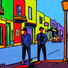 Vivid Street Scene with Silhouetted Figures and Colorful Buildings