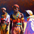 Three people in traditional clothing and headwraps on warm background