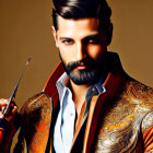 Bearded man in ornate jacket with violin bow