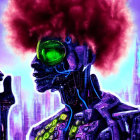 Vibrant red afro and green facial markings person holding an apple in purple neon-lit city