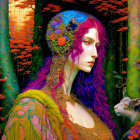 Illustrated woman with multicolored hair in fantasy forest with white rabbit