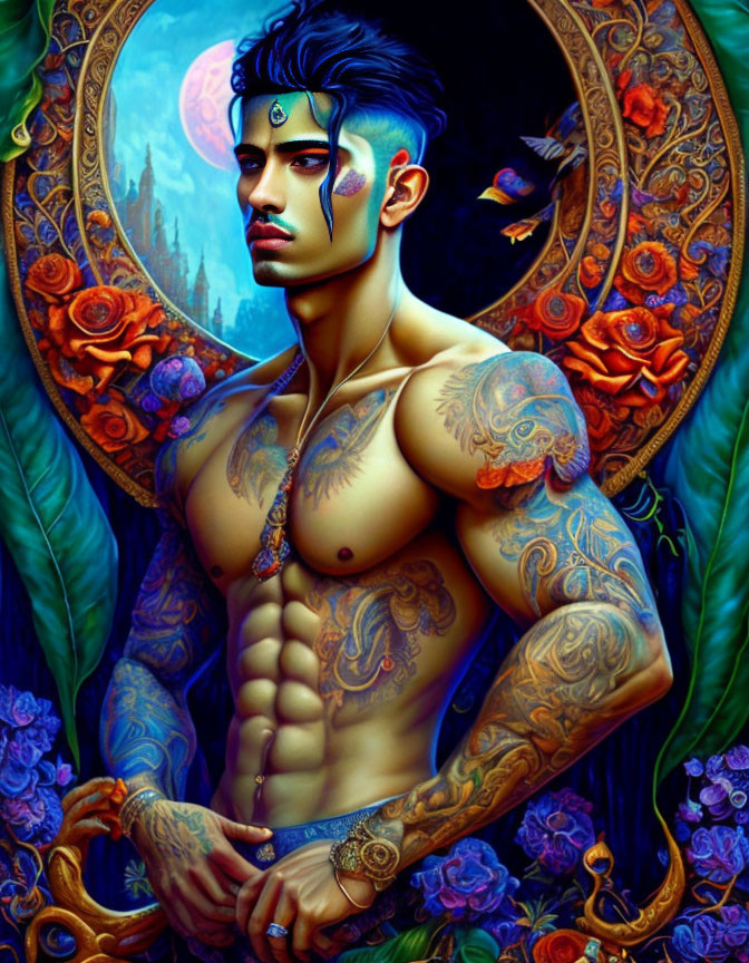 Detailed Tattoos on Shirtless Man in Magical Moonlit Setting