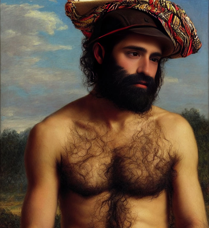 Shirtless bearded man with colorful hat in classical landscape