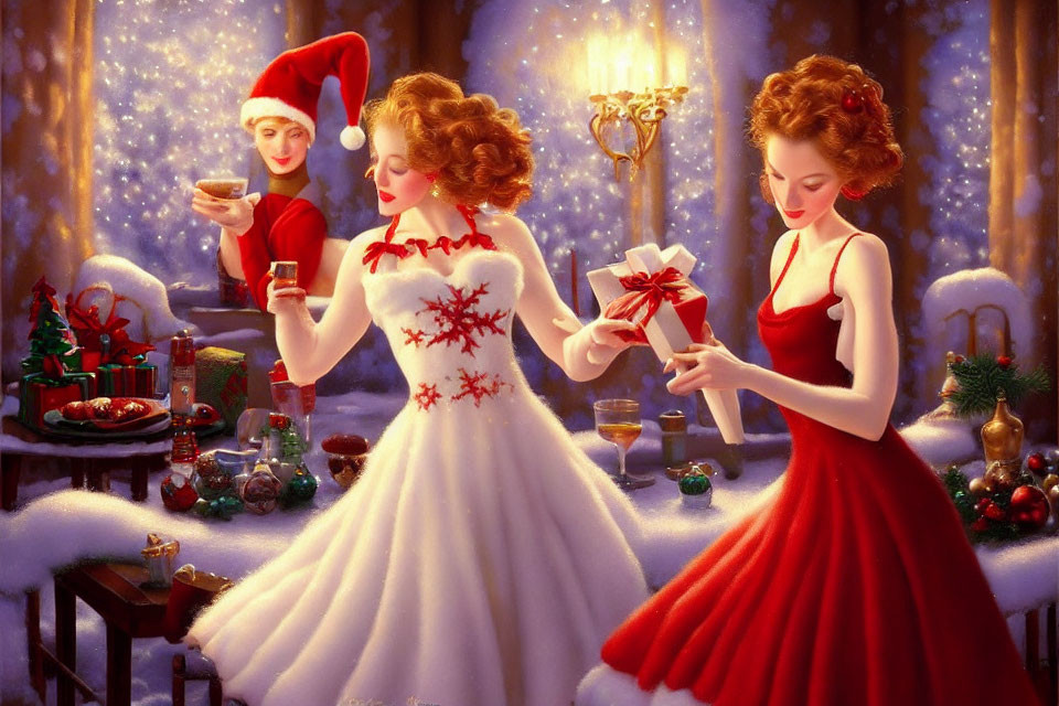 Two women in red dresses celebrate Christmas with a man in a Santa hat nearby