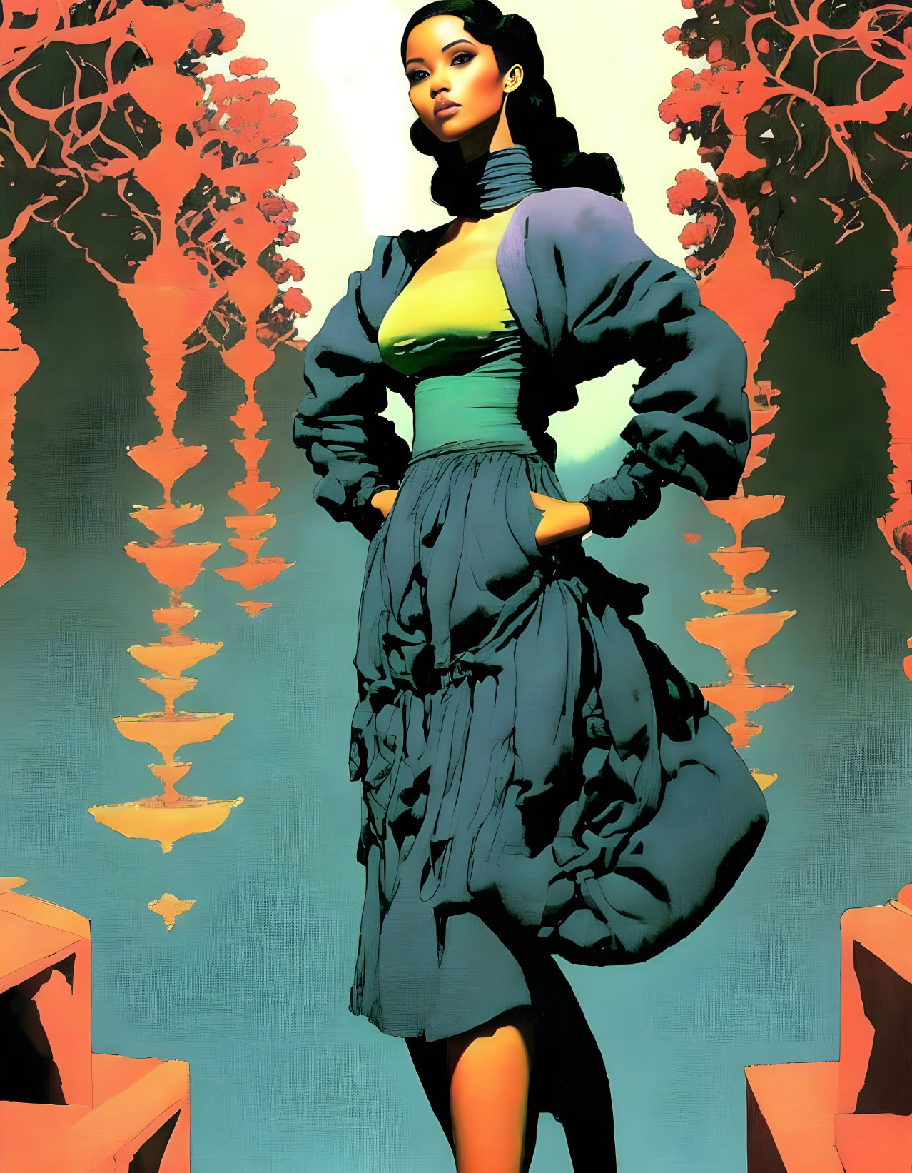 Stylized woman in puffy sleeves and ruffled dress against abstract mirrored tree background