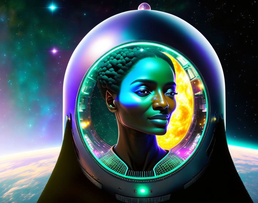 Futuristic portrait of woman with illuminated space helmet against cosmic backdrop