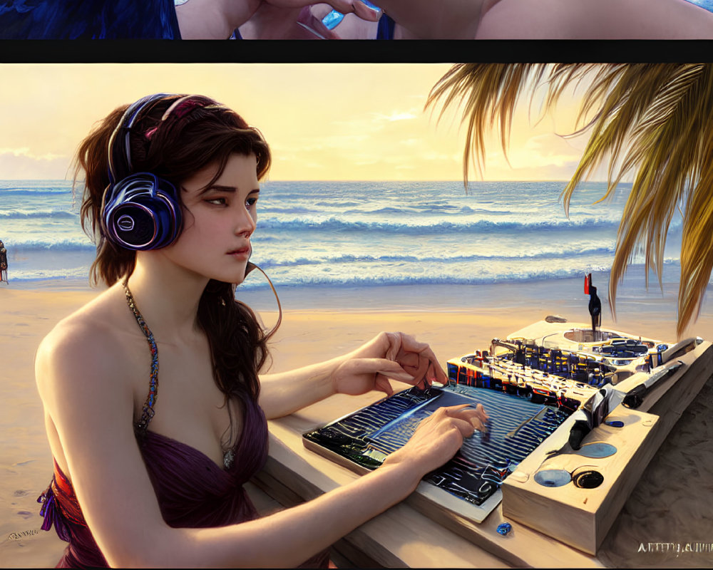 Young woman with headphones using DJ mixer on beach at sunset