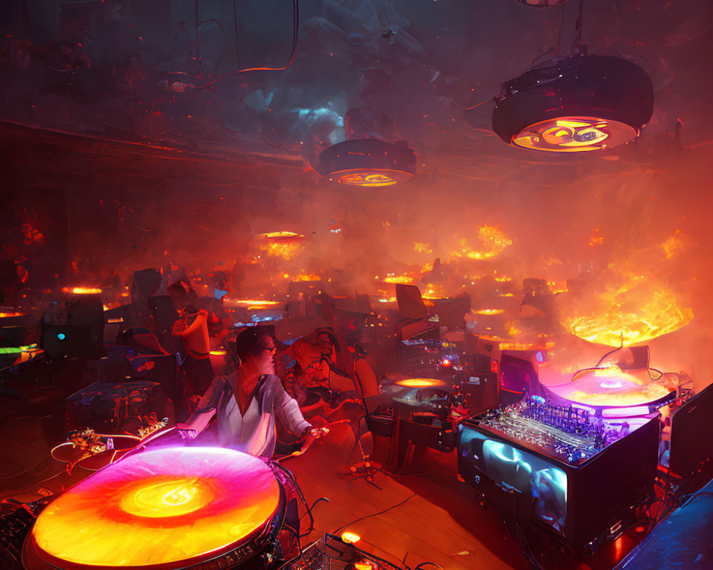 Futuristic DJ setup with orange lights and hovering disks