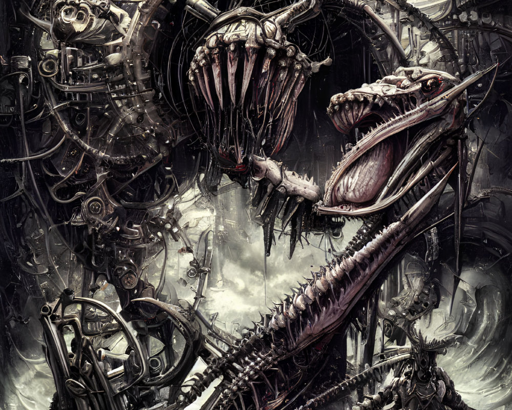 Detailed Dark Sci-Fi Scene with Biomechanical Creatures and Intricate Machinery