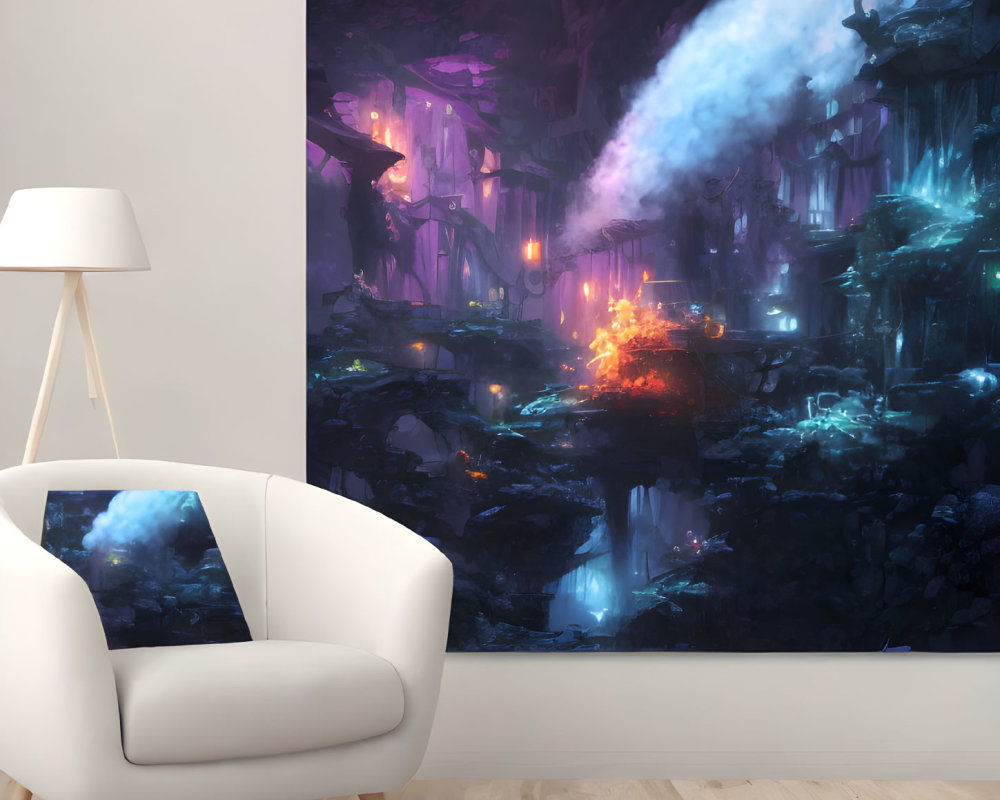 Colorful Fantasy Canvas in Modern Living Room with Mystical Cave Theme