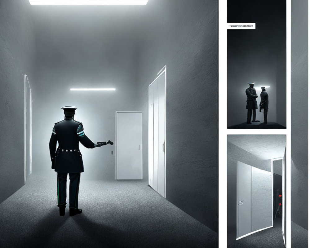 Surreal image of uniformed figure in hallway with multiple doors