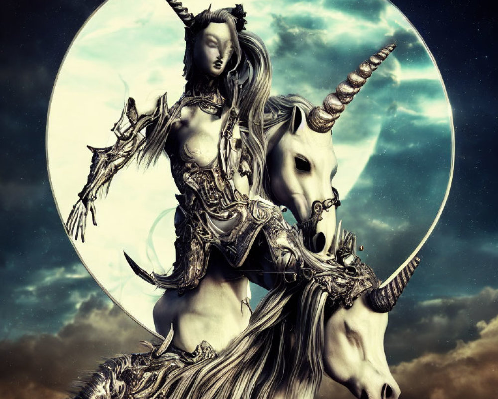 Fantasy artwork of warrior woman on white unicorn under moonlit sky