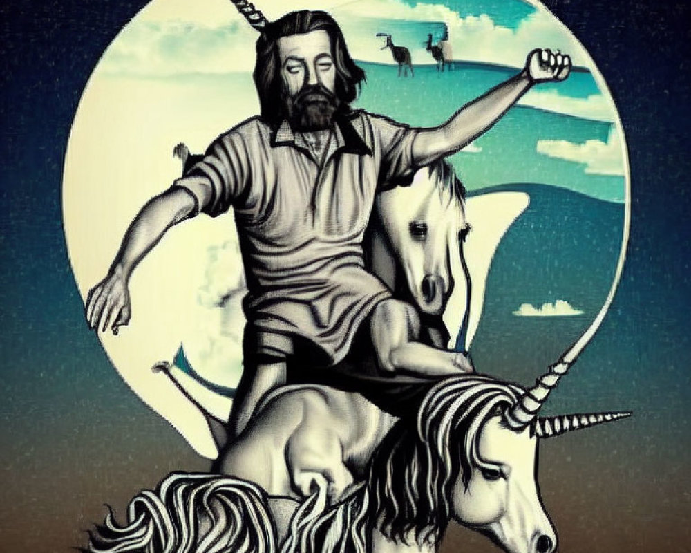 Man riding two unicorns with clouds and camels in circular frame