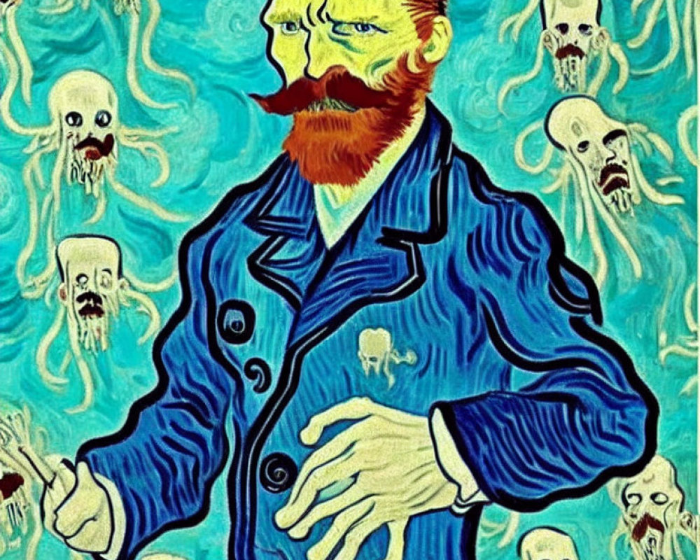 Stylized portrait in Van Gogh style with bearded figure and skull-like figures