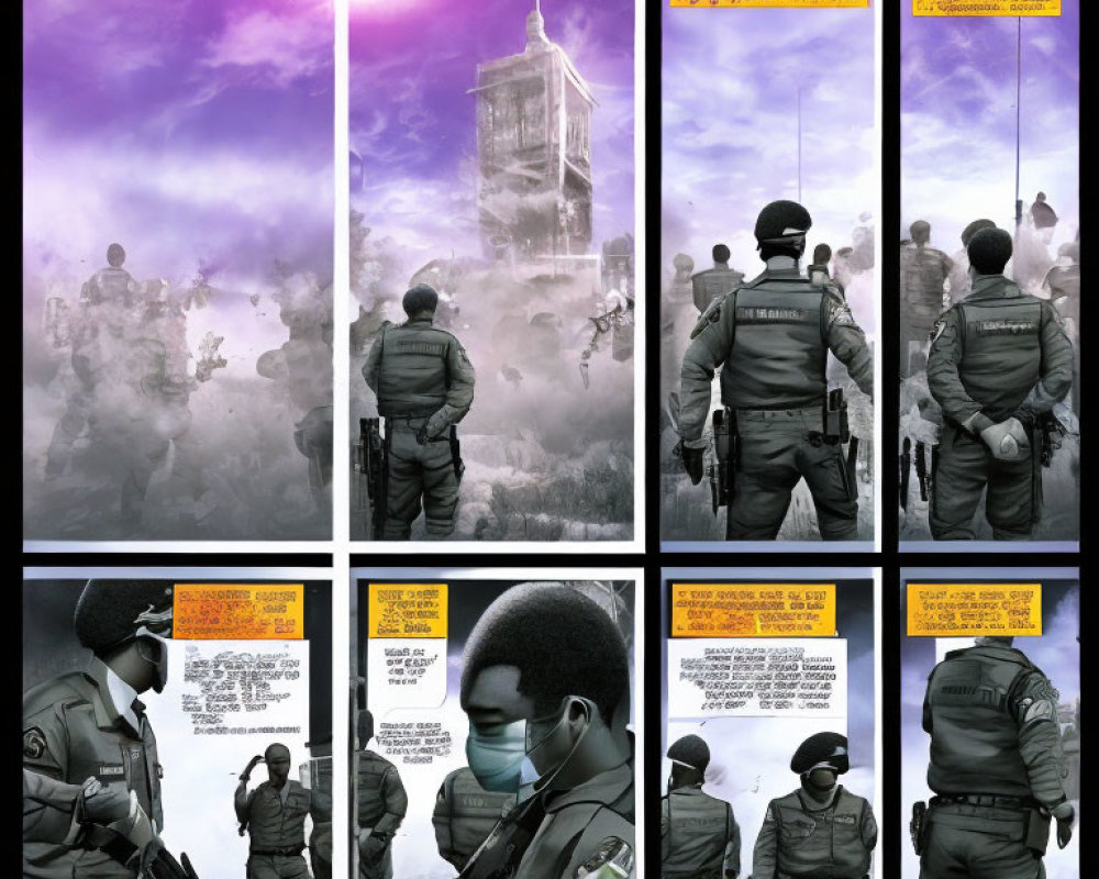 Soldiers in Tactical Gear in Dramatic Nine-Panel Comic Strip