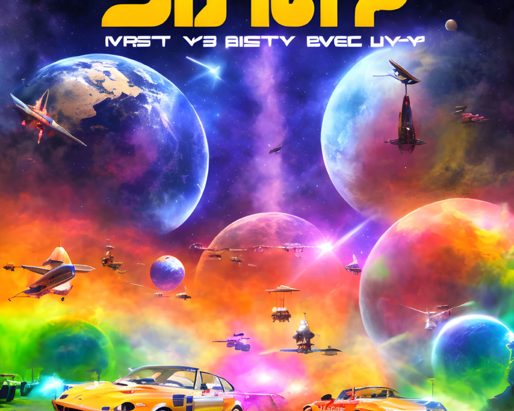 Colorful Sci-Fi Album Cover with Yellow and Orange Cars, Spacecraft, Planets, and Alien