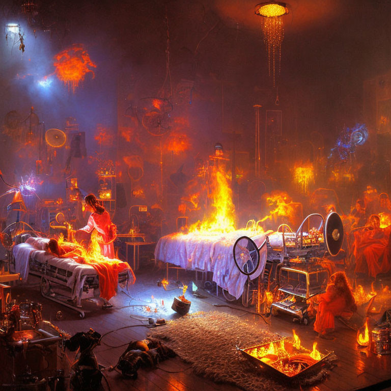 Fiery retro-futuristic room with phantom figures and person on lit table