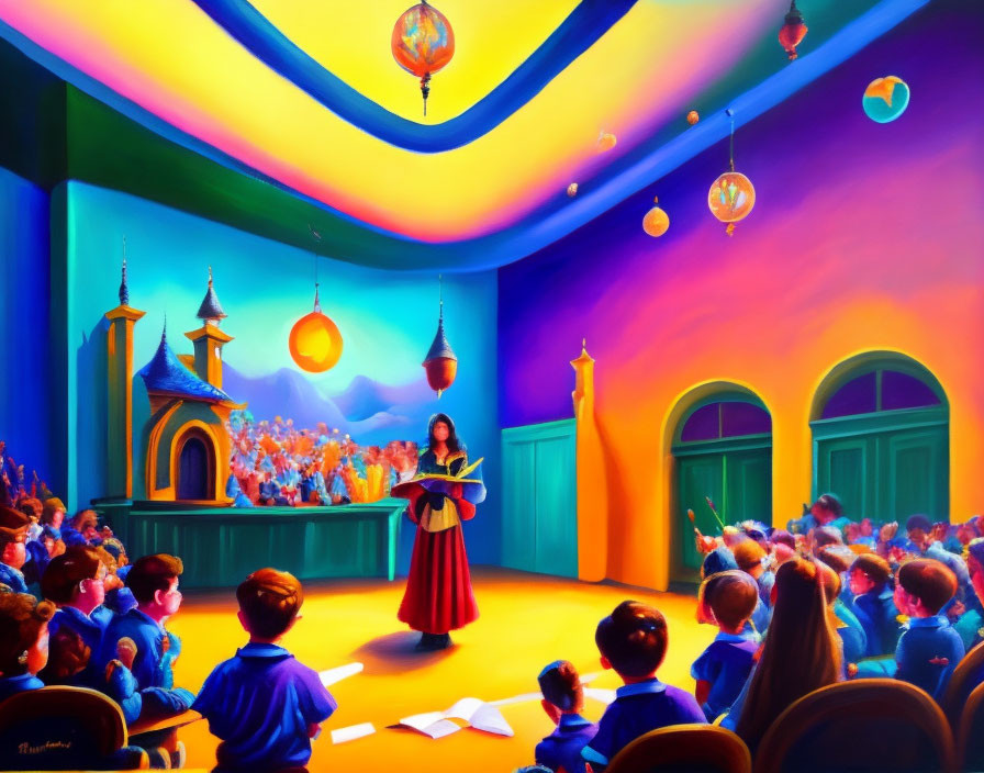 Colorful classroom scene with children in blue uniforms near magical castle model under sky-like ceiling with floating lantern