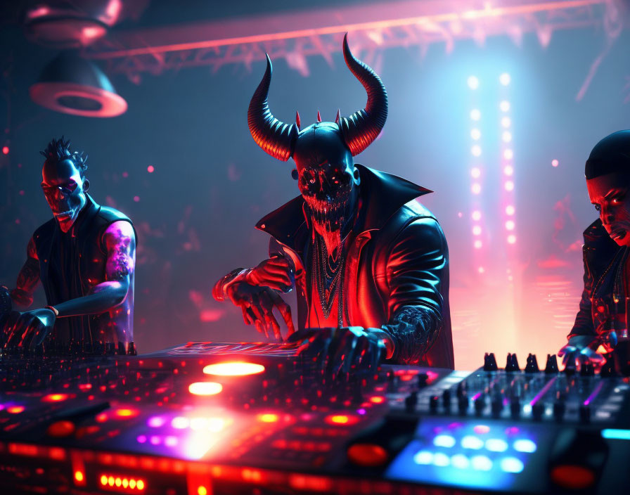 Three DJs with demonic appearance mixing tracks under neon club lights