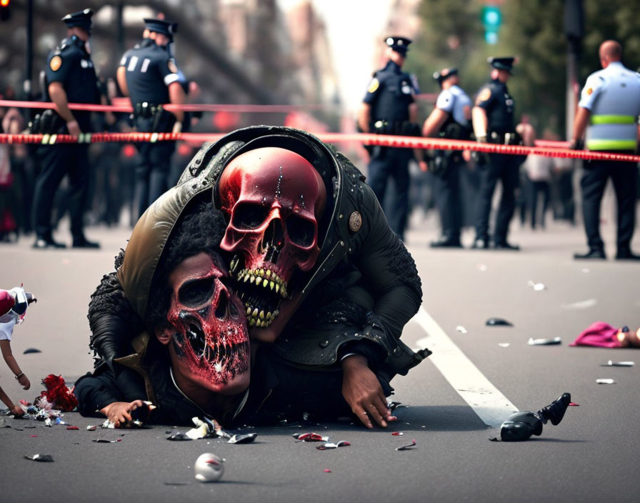 Edited image: Person in skull mask on person in chaotic street with police.