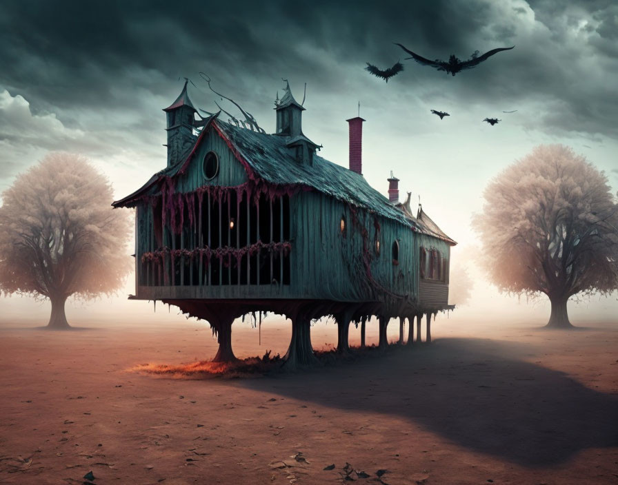 Spooky old house on tall stilts in desolate landscape with flying birds