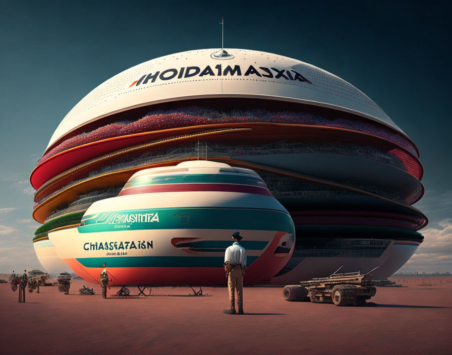 Colorful spherical spaceship in desert with person and cart