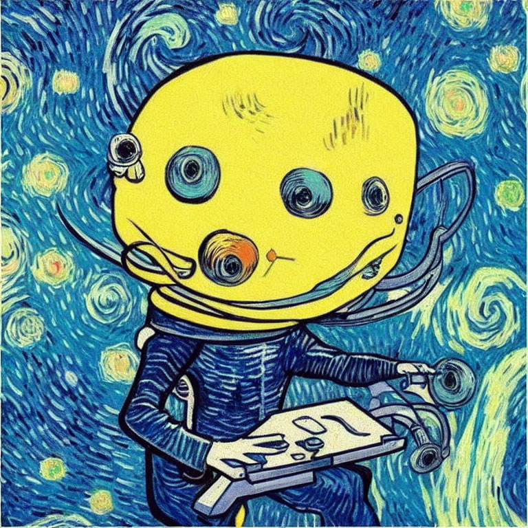 Humanoid in Spacesuit with Van Gogh-Inspired Yellow Helmet