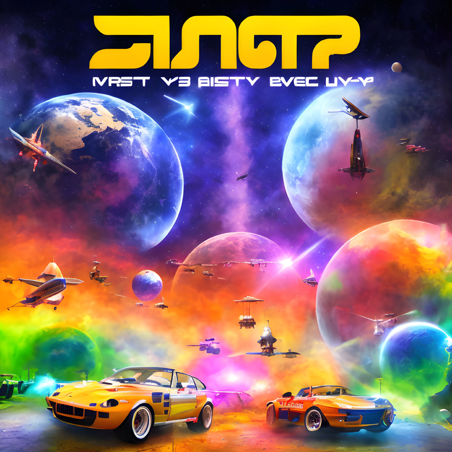 Colorful Sci-Fi Album Cover with Yellow and Orange Cars, Spacecraft, Planets, and Alien