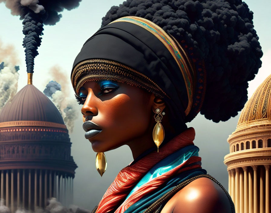 Digital art portrait of woman with dramatic makeup and headwrap against smoky, domed buildings