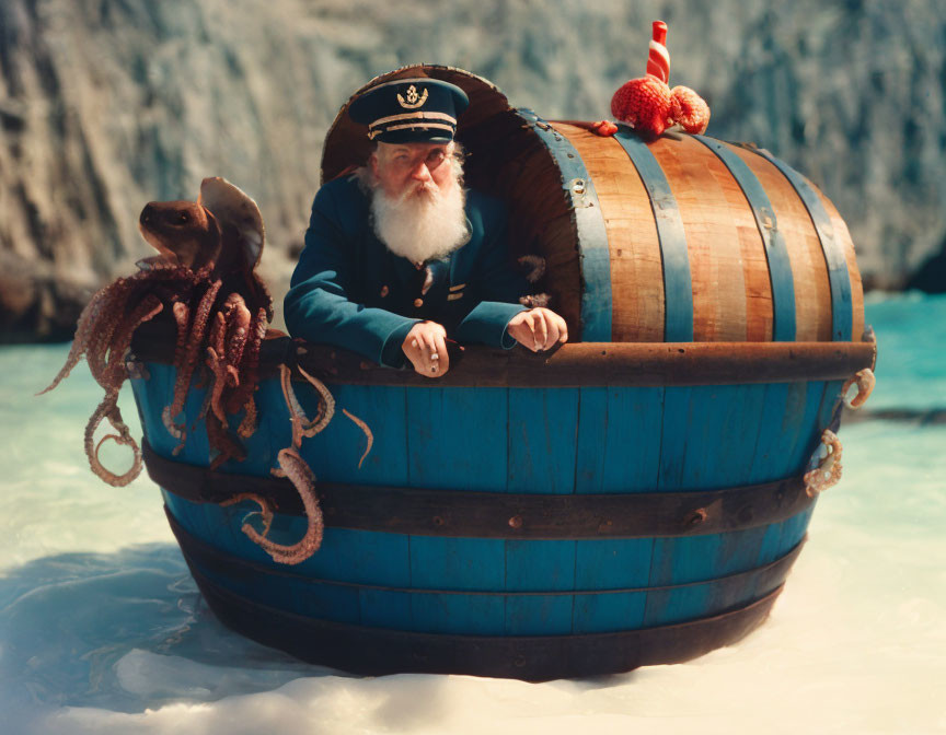 Sea Captain in Barrel Boat with Octopus Near Turquoise Beach