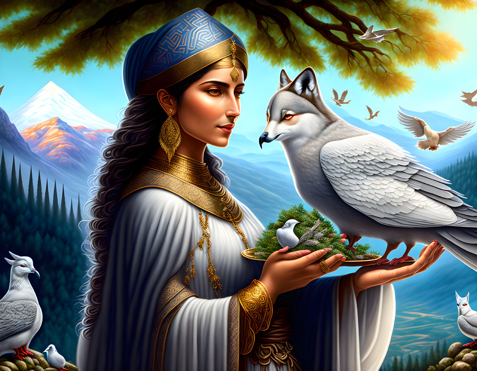 Regal woman in traditional attire with white wolf, doves, and nature backdrop