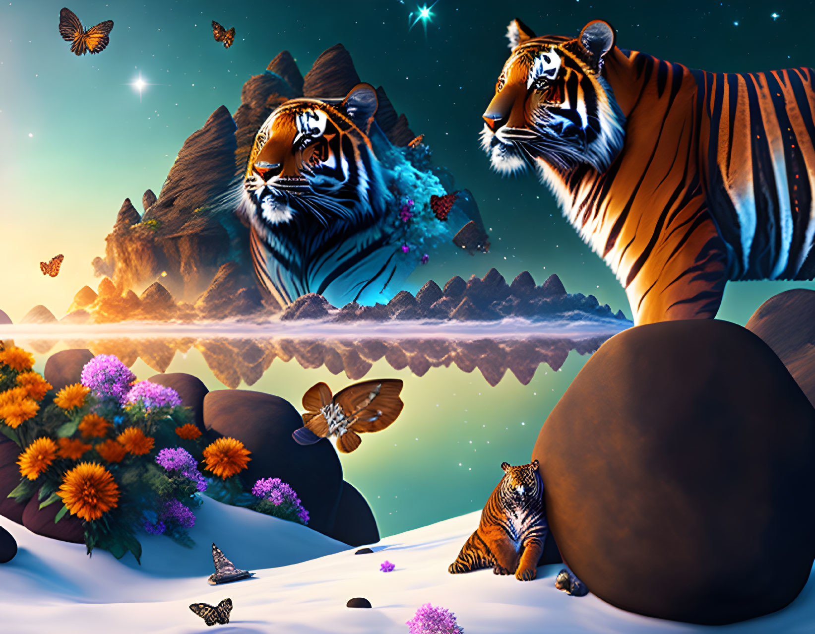 Vibrant tigers and butterflies in colorful floral fantasy scene