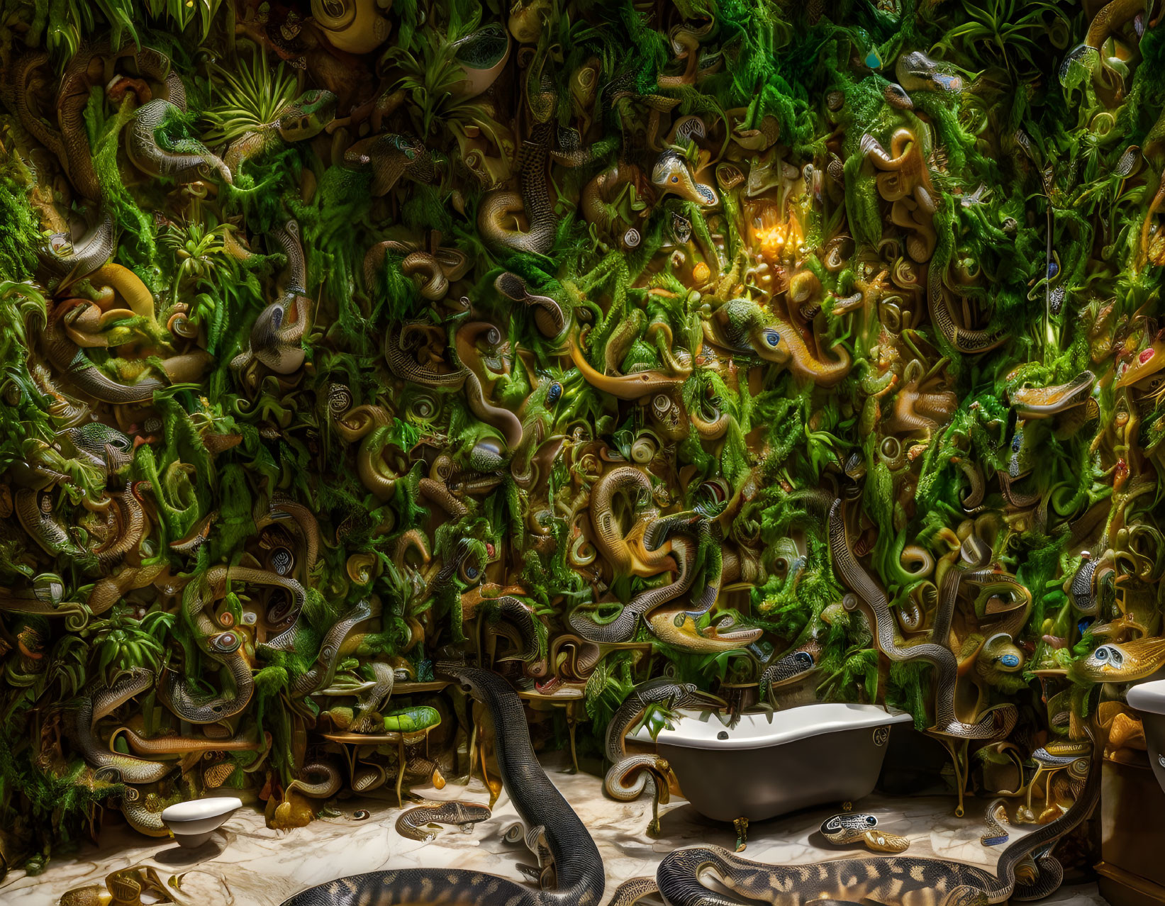 Surreal bathroom with intricate snake abundance and lush foliage