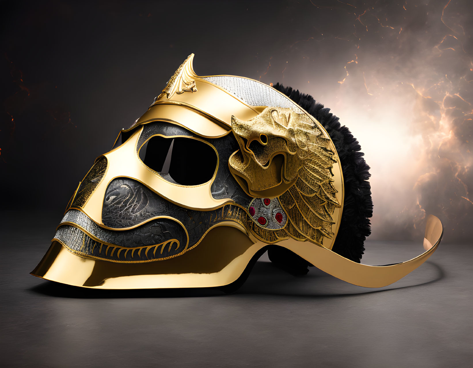 Golden dragon motif helmet with red gemstones on smoky background