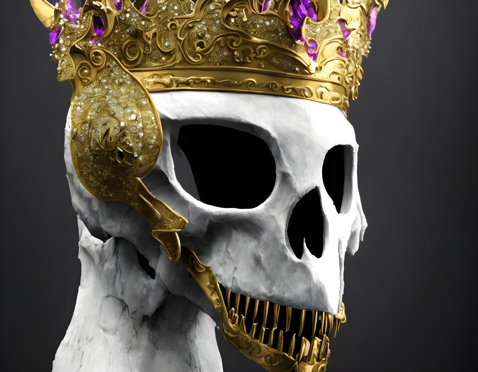 Detailed Human Skull with Golden Crown and Purple Jewels on Dark Background