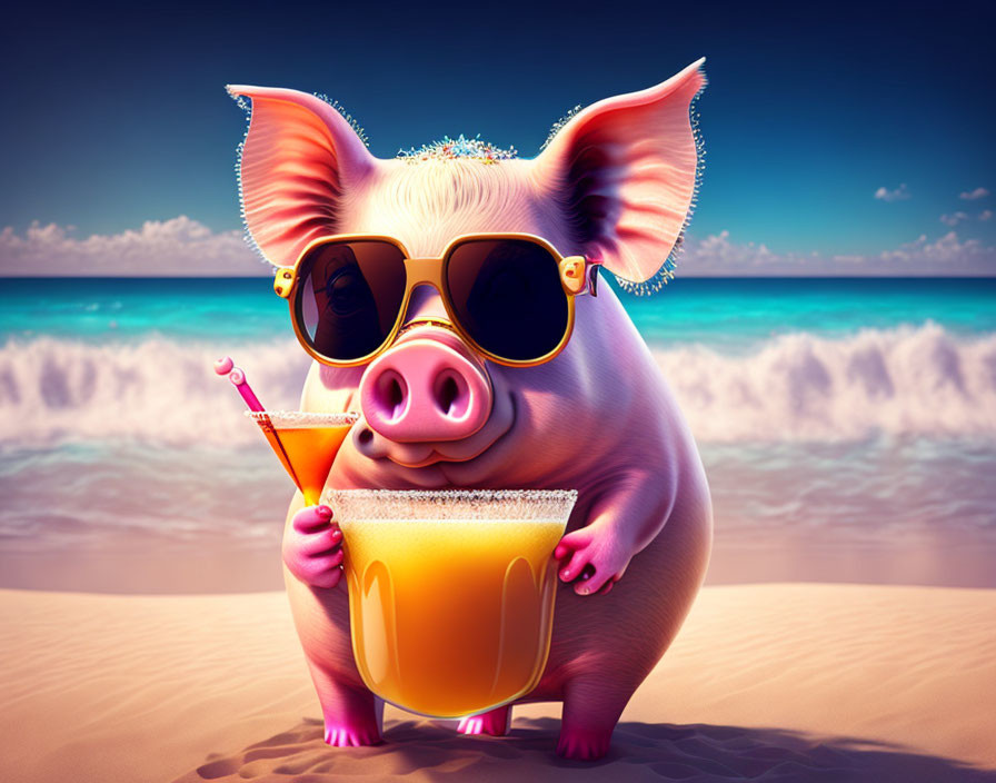 Animated pig with sunglasses holding cocktail on beach shore