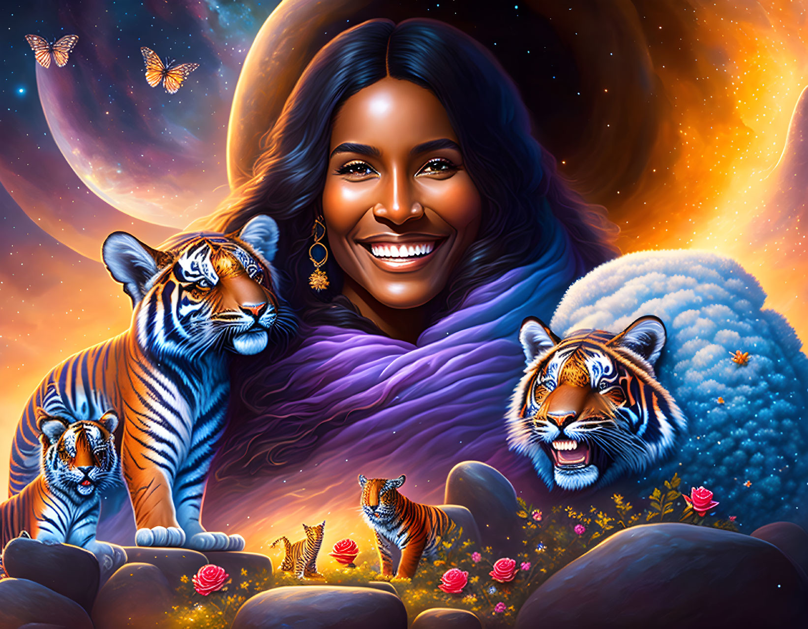 Colorful digital artwork: smiling woman, space elements, tigers, butterflies