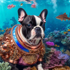 Digital Artwork: French Bulldog in Steampunk Submarine Suit surrounded by Underwater Coral &