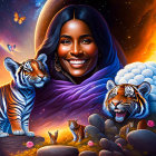 Colorful digital artwork: smiling woman, space elements, tigers, butterflies